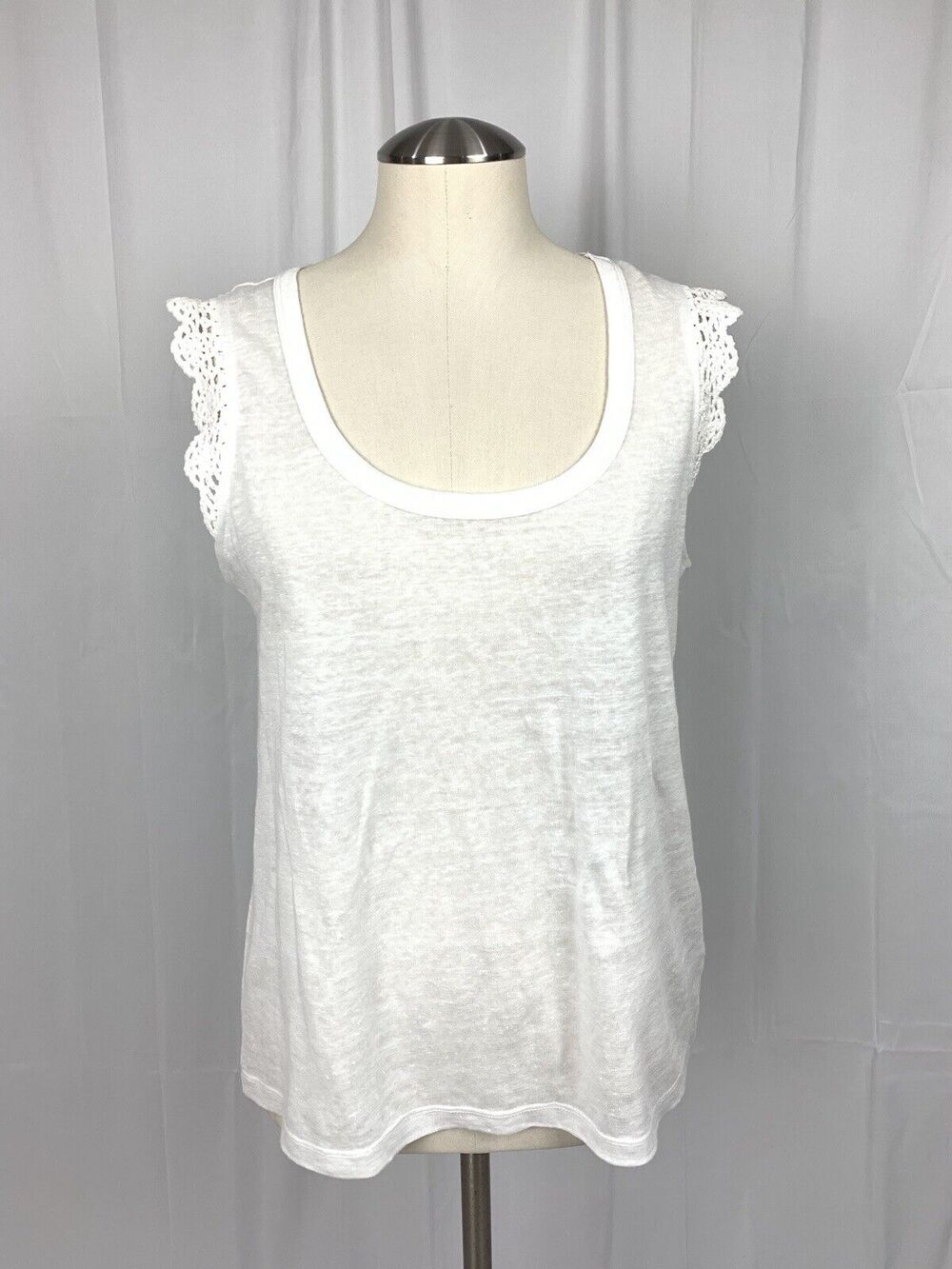 PAIGE White 100% Linen Sleeveless Scoop Neck Crochet Trim Top Sz S Feminine Boho